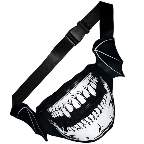 Skull Vampire Fangs Black Bat Wings Gothic Punk Hip Pouch NWT - Picture 2 of 3